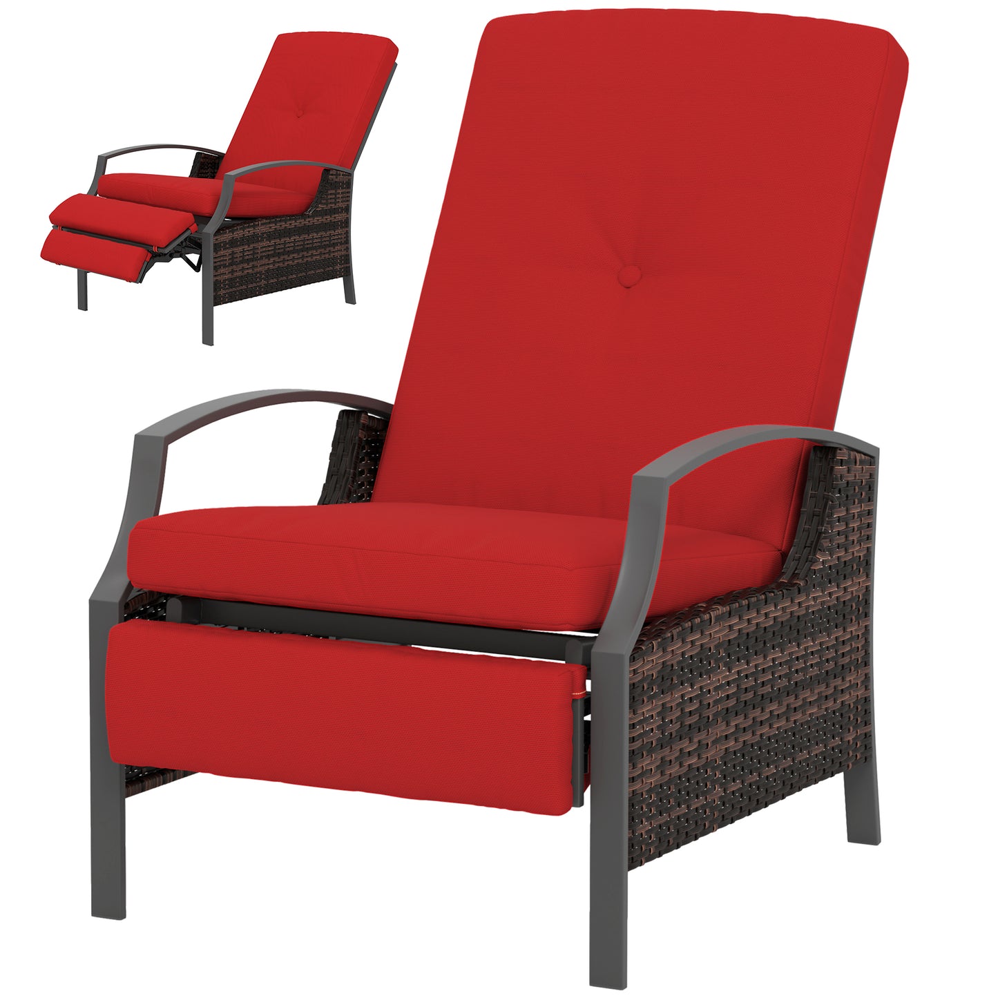 Fauteuil inclinable d'extérieur en rotin avec dossier réglable et repose-pieds rétractable, couleur rouge vin
