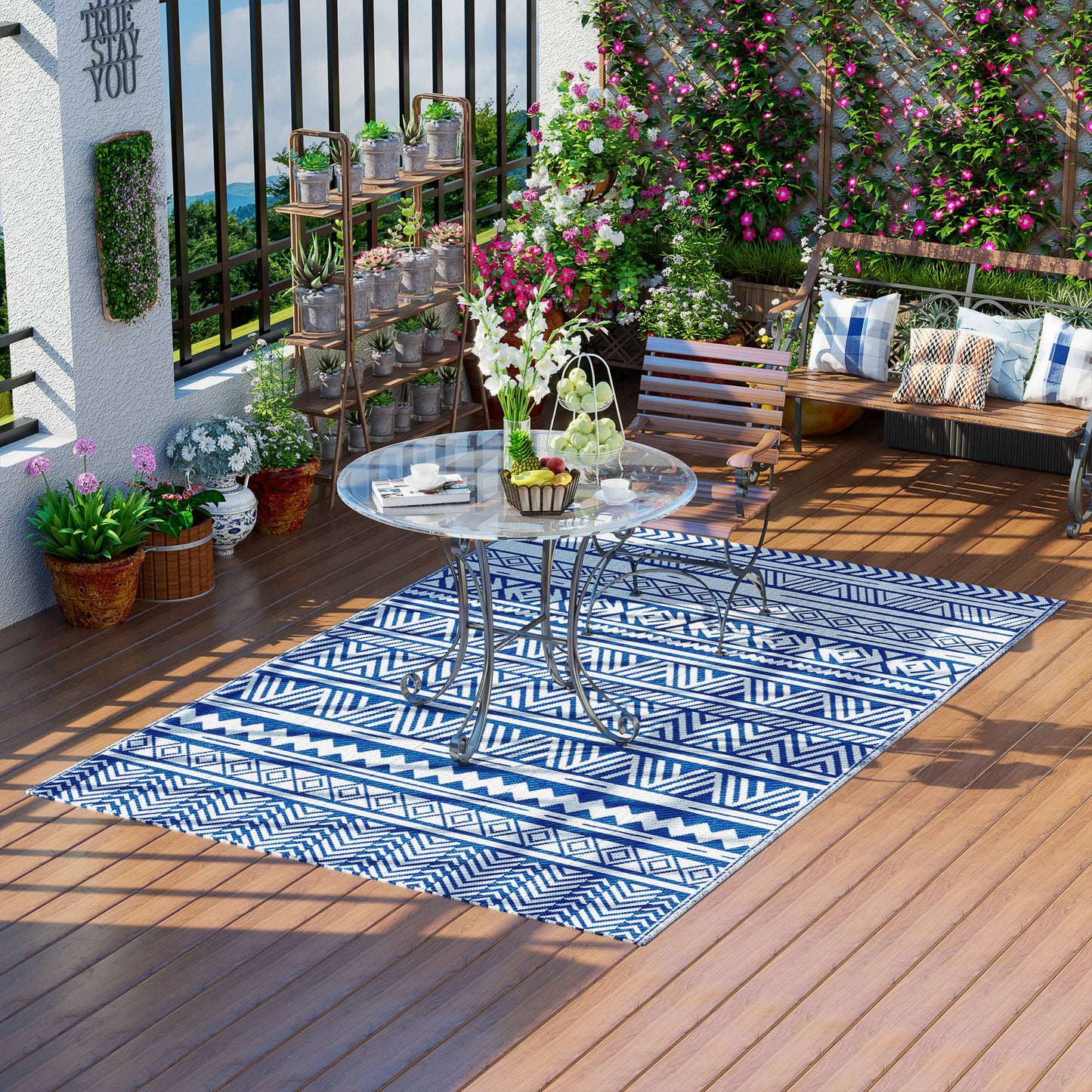 Tapis de sol de patio, tapis en plastique 6' x 9' pour jardin, terrasse, plage, camping, bleu foncé et blanc