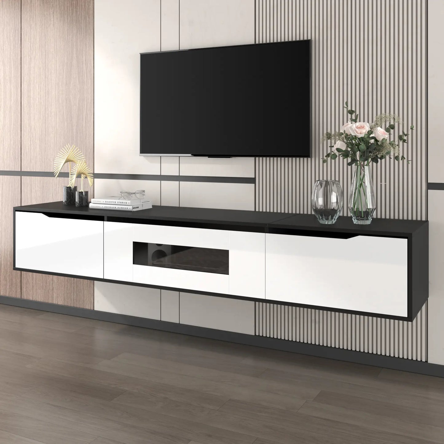 Meuble TV haute brillance avec éclairage LED personnalisable et options de montage polyvalentes, noir et blanc