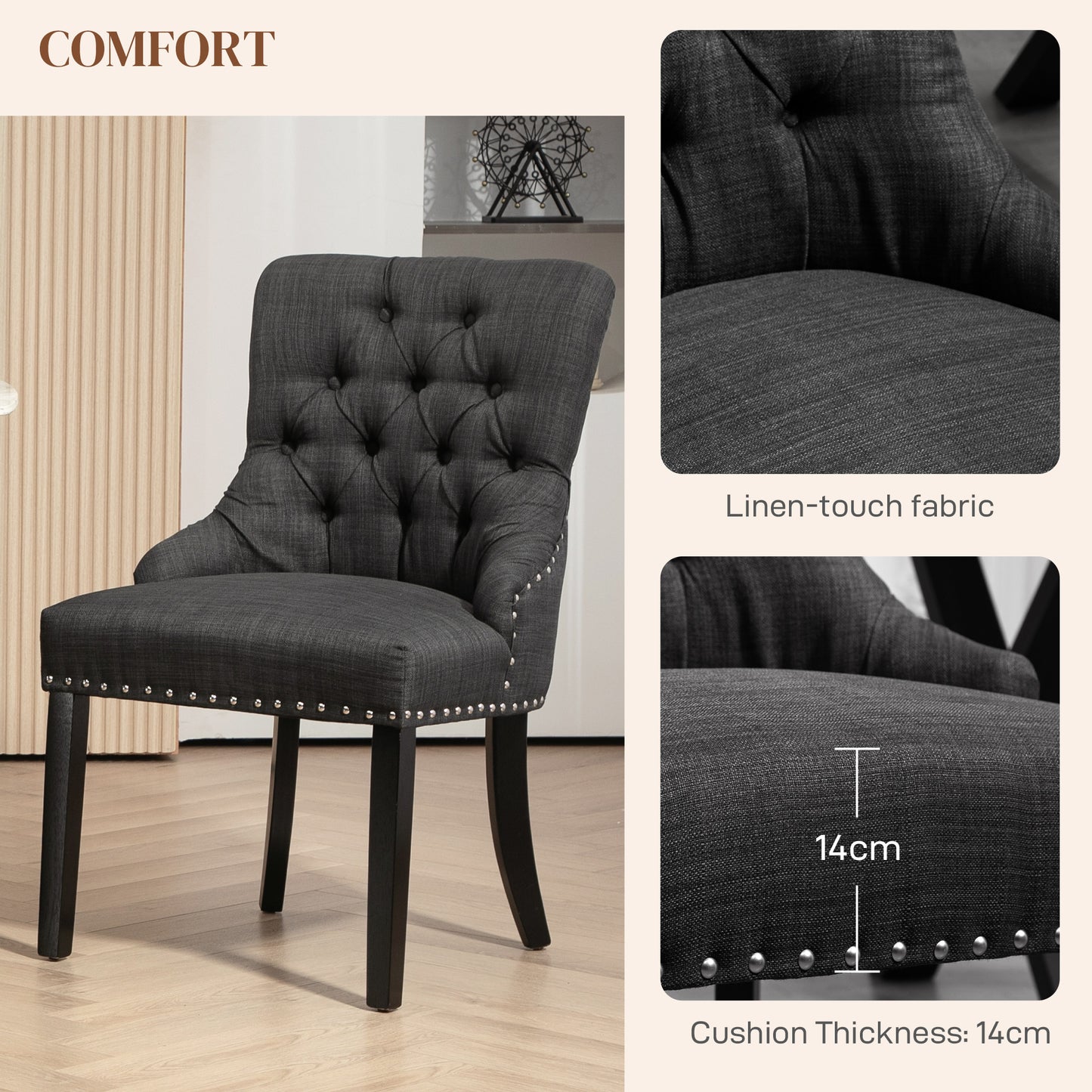 Lot de 2 chaises de salle à manger en lin avec bordure cloutée et pieds en bois, gris foncé
