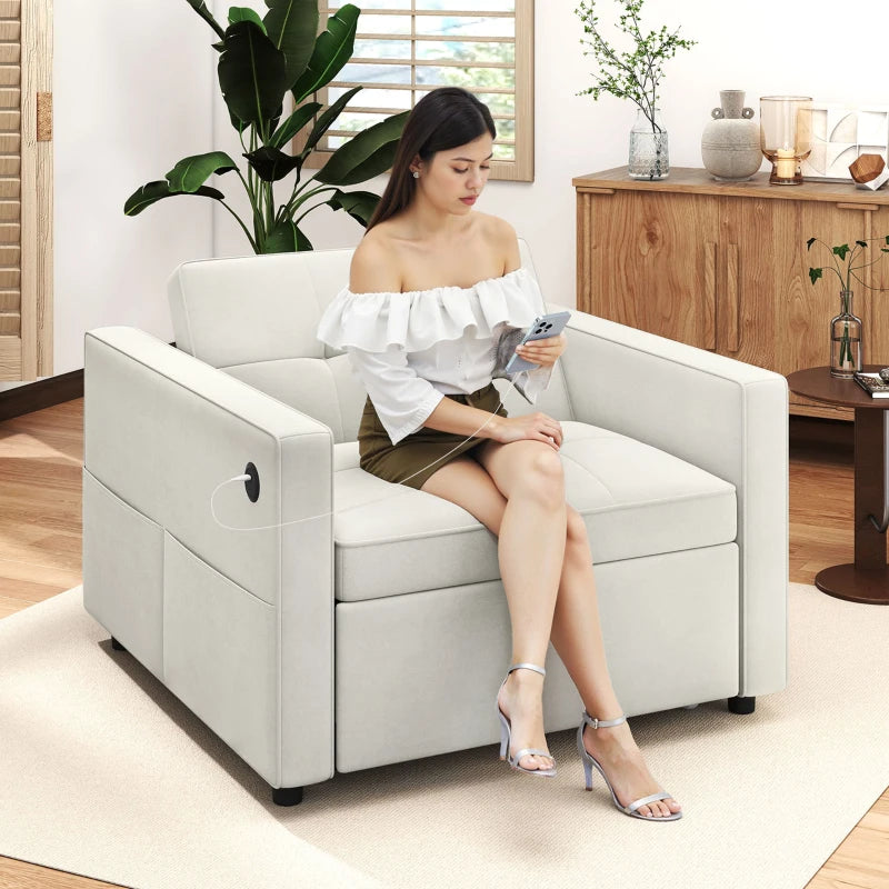 Fauteuils-lits avec port USB, dossier réglable en velours, blanc crème