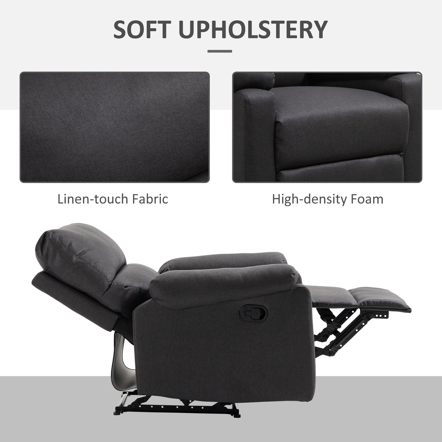 Fauteuil inclinable manuel avec repose-pieds, assise rembourrée, gris foncé