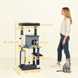 Arbre à chat de 132 cm avec griffoirs, panier, niche et brosse de toilettage, gris