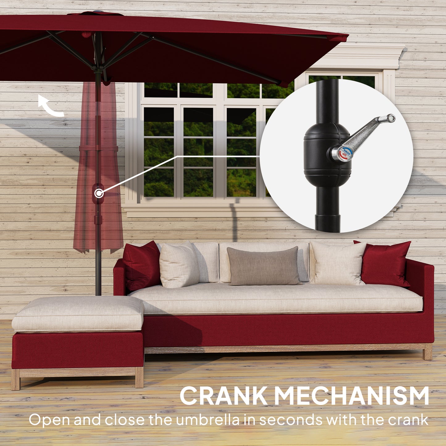 Outsunny 2 x 3 m Rectangular Tilting Aluminum Garden Parasol, Garden Umbrella, Outdoor Umbrella with Crank, Wine Red