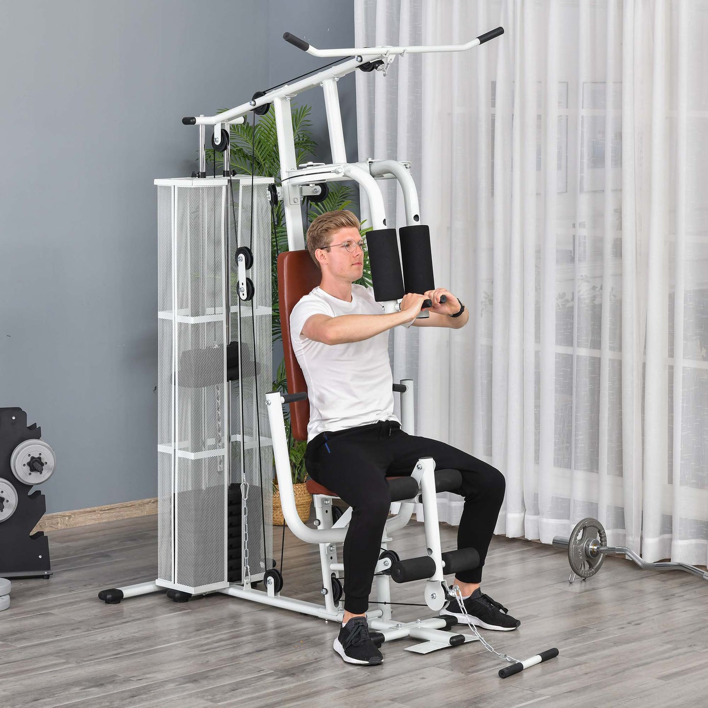 Station d'entraînement multifonction avec poids de 45 kg pour tirage latéral, extensions de jambes, flexions des biceps, tirages des triceps, développé couché, blanc