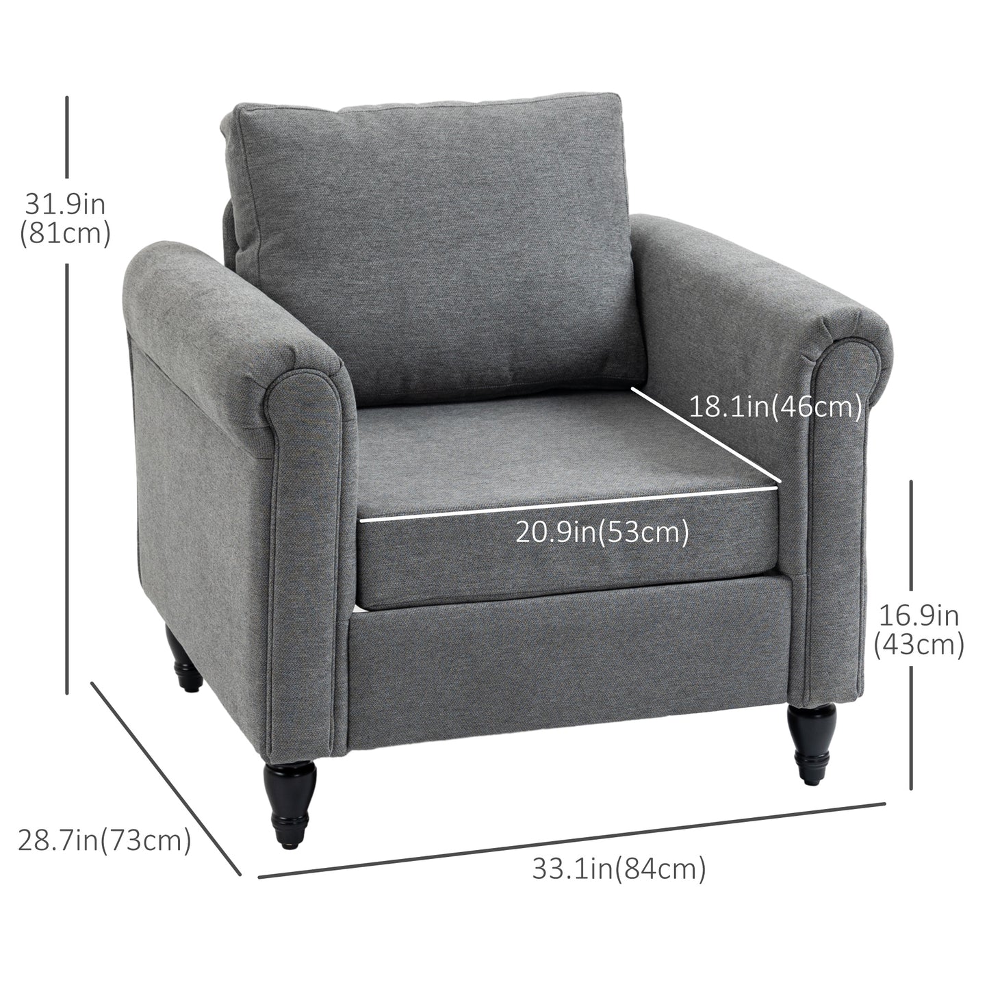 Fauteuil d'appoint rembourré avec accoudoirs, pieds en bois d'hévéa en forme de gourde, gris clair