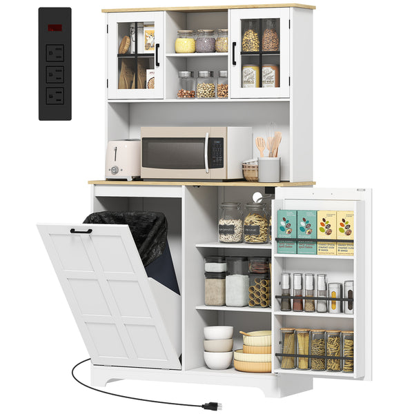 Meuble de rangement avec station de charge, poubelle de 7 gallons et étagères réglables, blanc