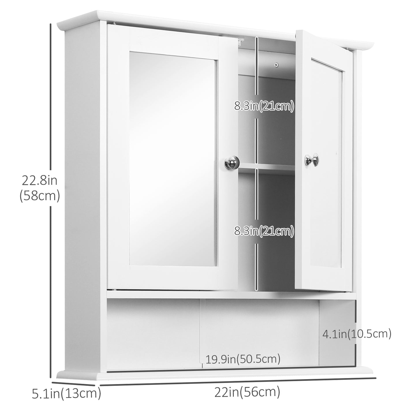 Armoire à pharmacie avec portes doubles, étagère ouverte et étagère réglablr, blanche