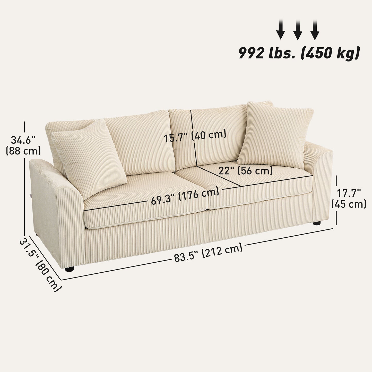Canapé 3 places moderne avec ressorts ensachés et 2 coussins décoratifs, blanc crème