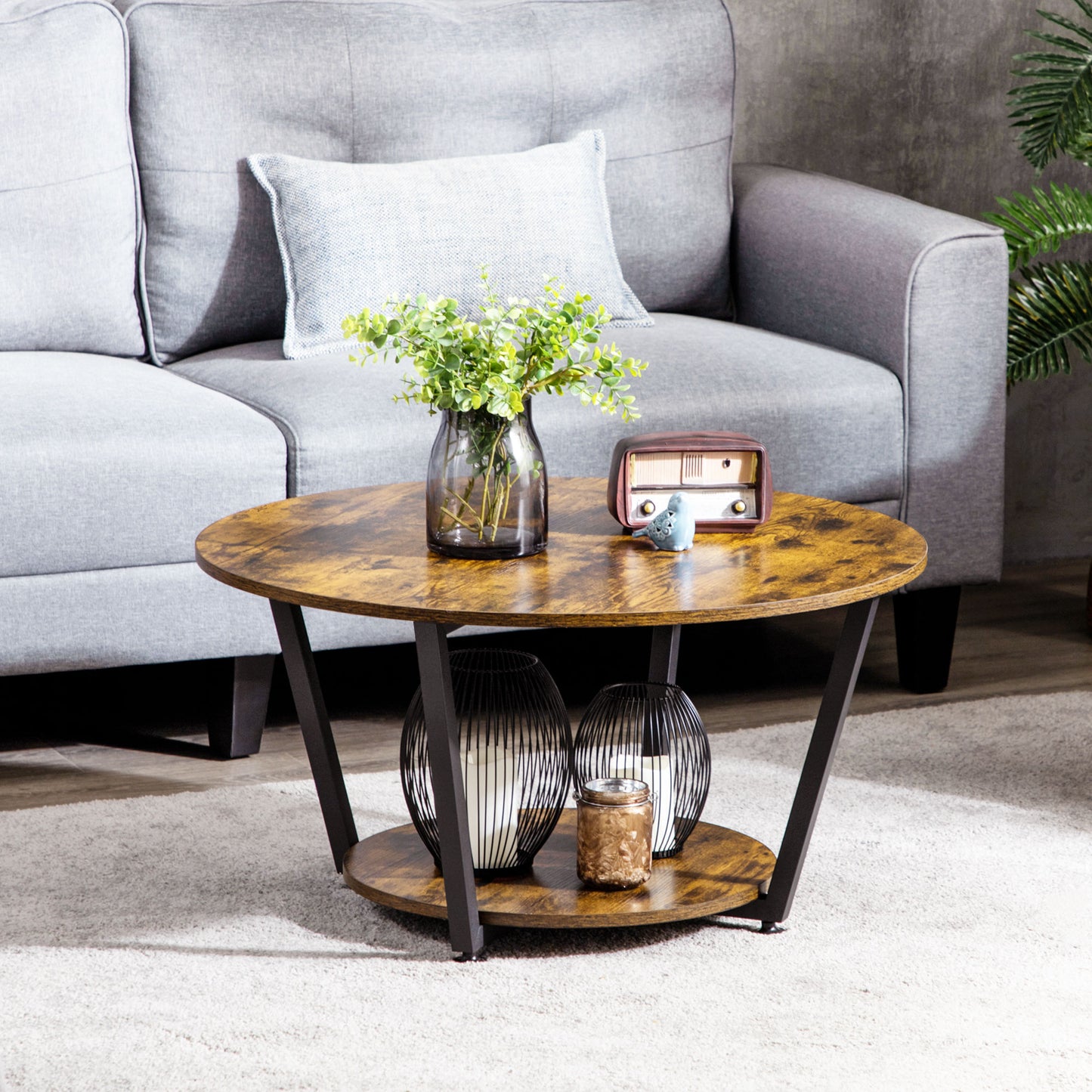 Table basse ronde à 2 niveaux avec étagère de rangement, marron rustique