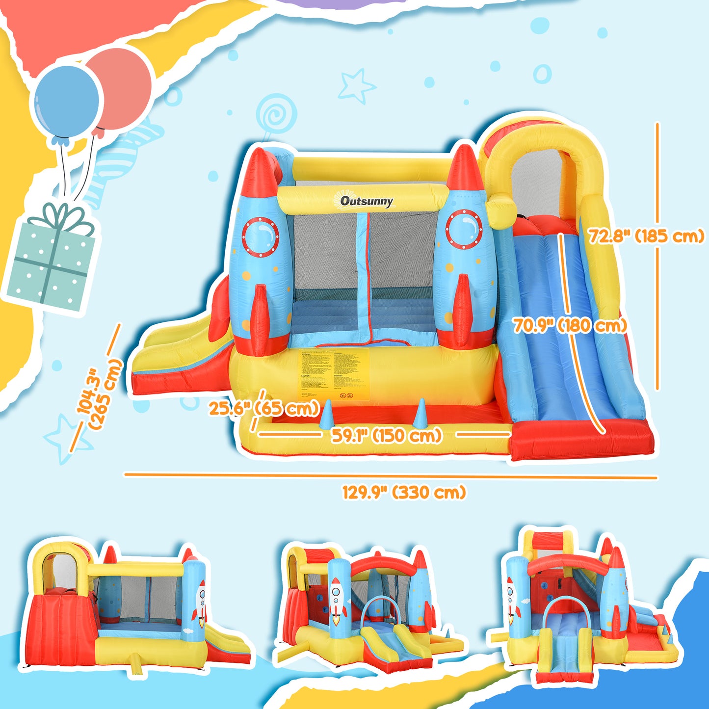 Outsunny Bounce Castle Inflatable Trampoline Slide Pool Rocket Design 11.14' x 9.18' x 6.06'