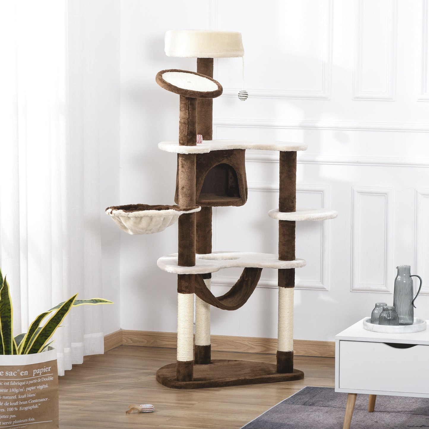 60-inch Cat Tree, Cat Bed, House & Toys - Brown & Beige