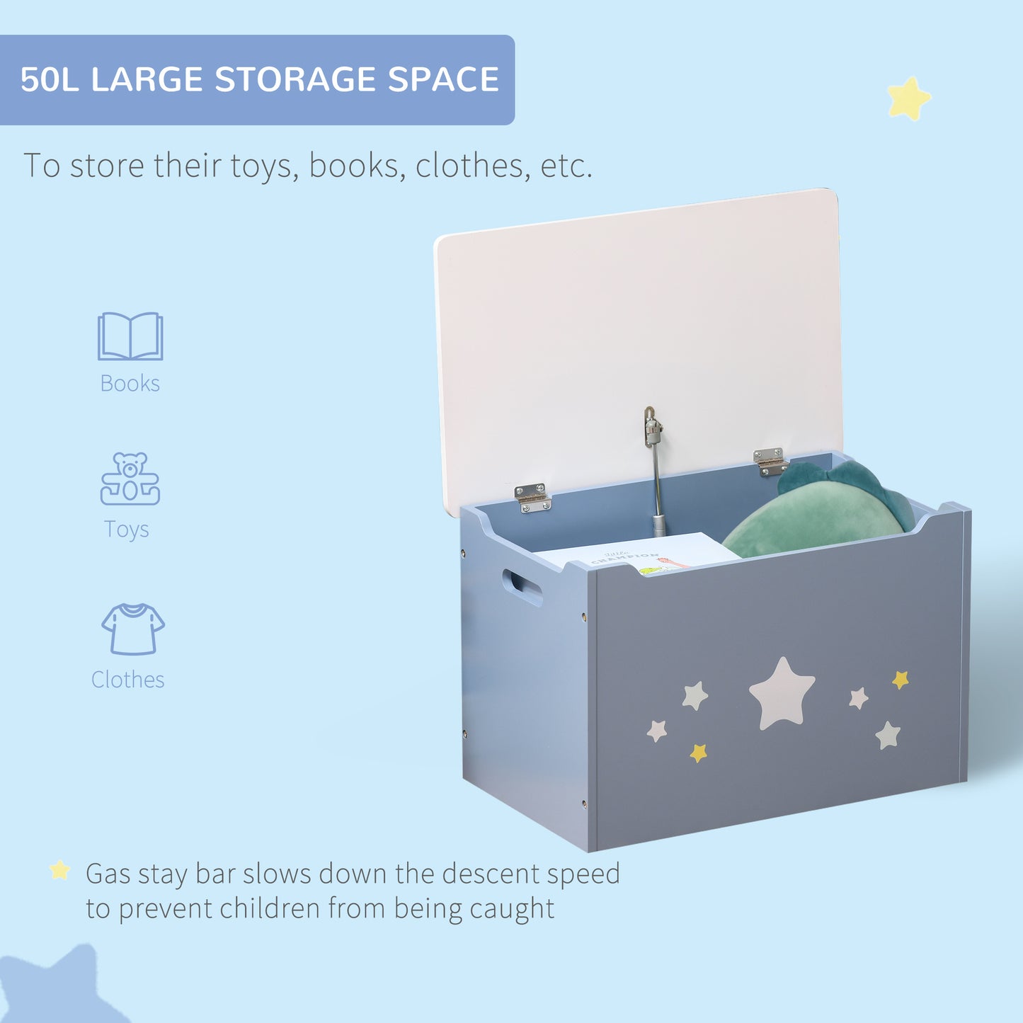 Coffre de rangement en bois pour jouets avec vérin à gaz, 55 x 34 x 35 cm, bleu