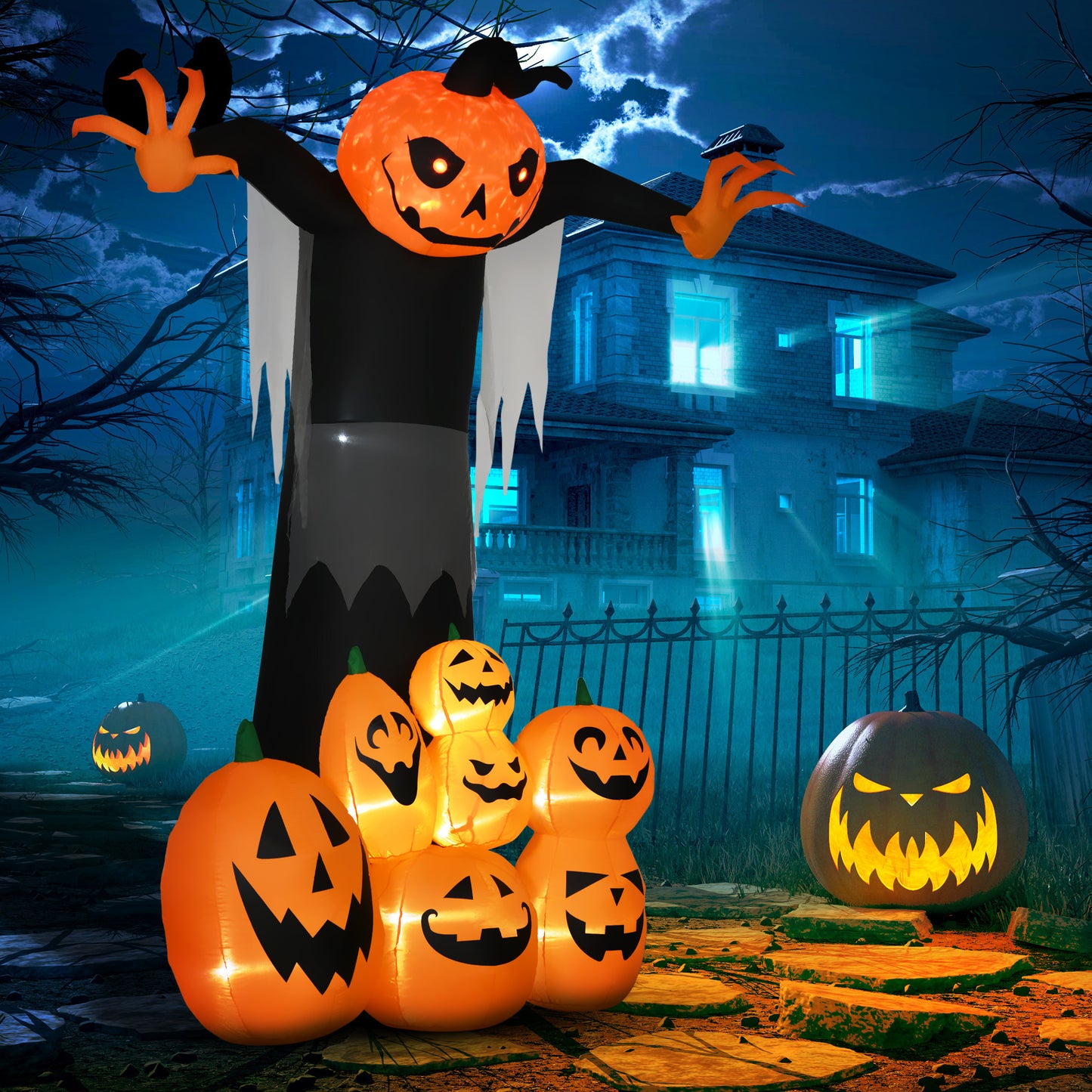 Décoration gonflable d'Halloween 2,7 m, citrouille fantôme avec citrouilles, affichage LED extérieur gonflable