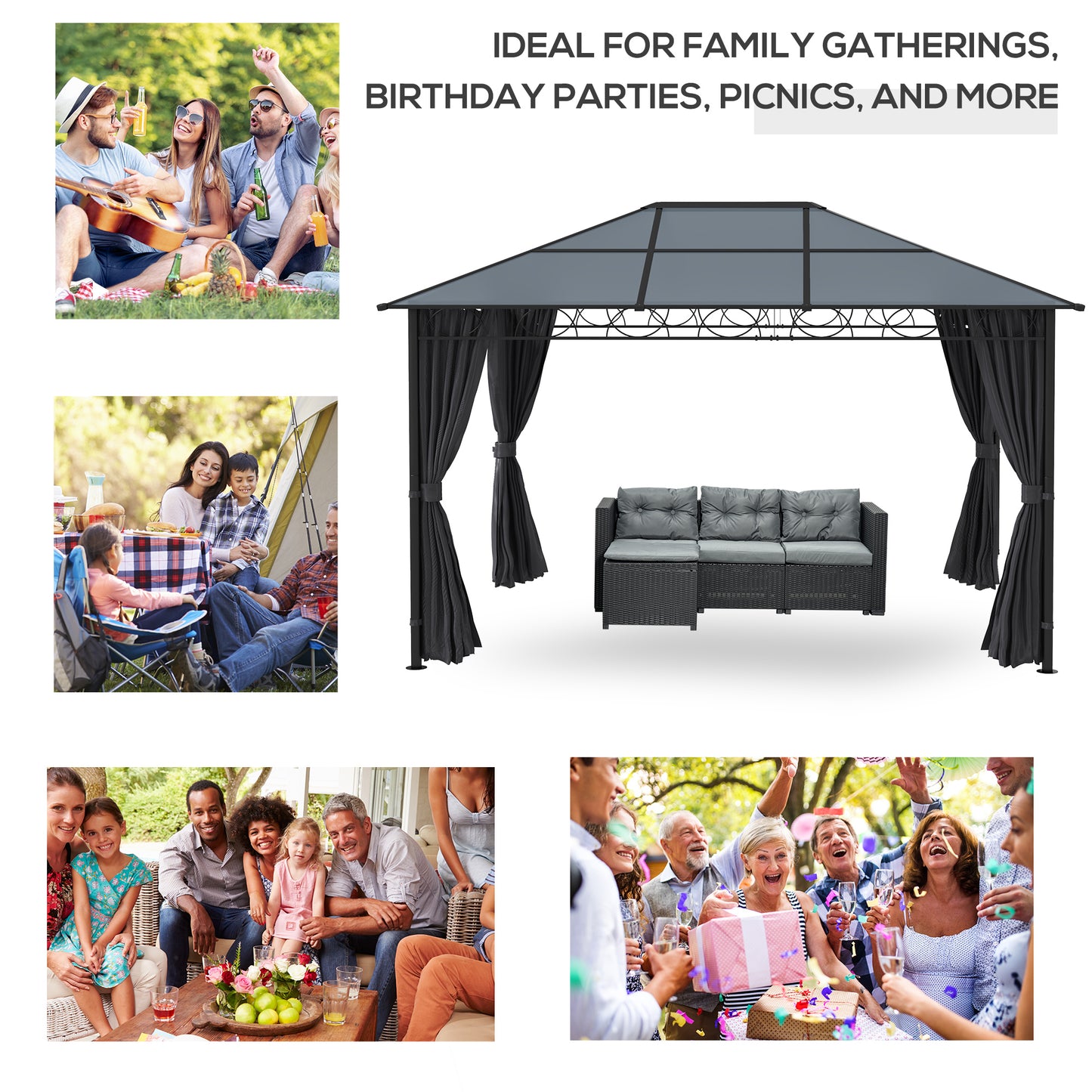 Outsunny 13' x 10' Rigid Polycarbonate Garden Gazebo with Aluminum Frame and Curtains, Dark Grey