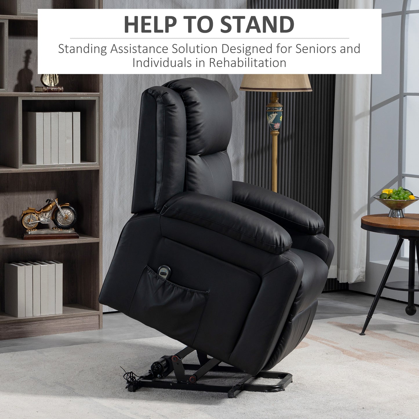Fauteuil releveur inclinable électrique en cuir synthétique avec télécommande, poches latérales, montage rapide, noir