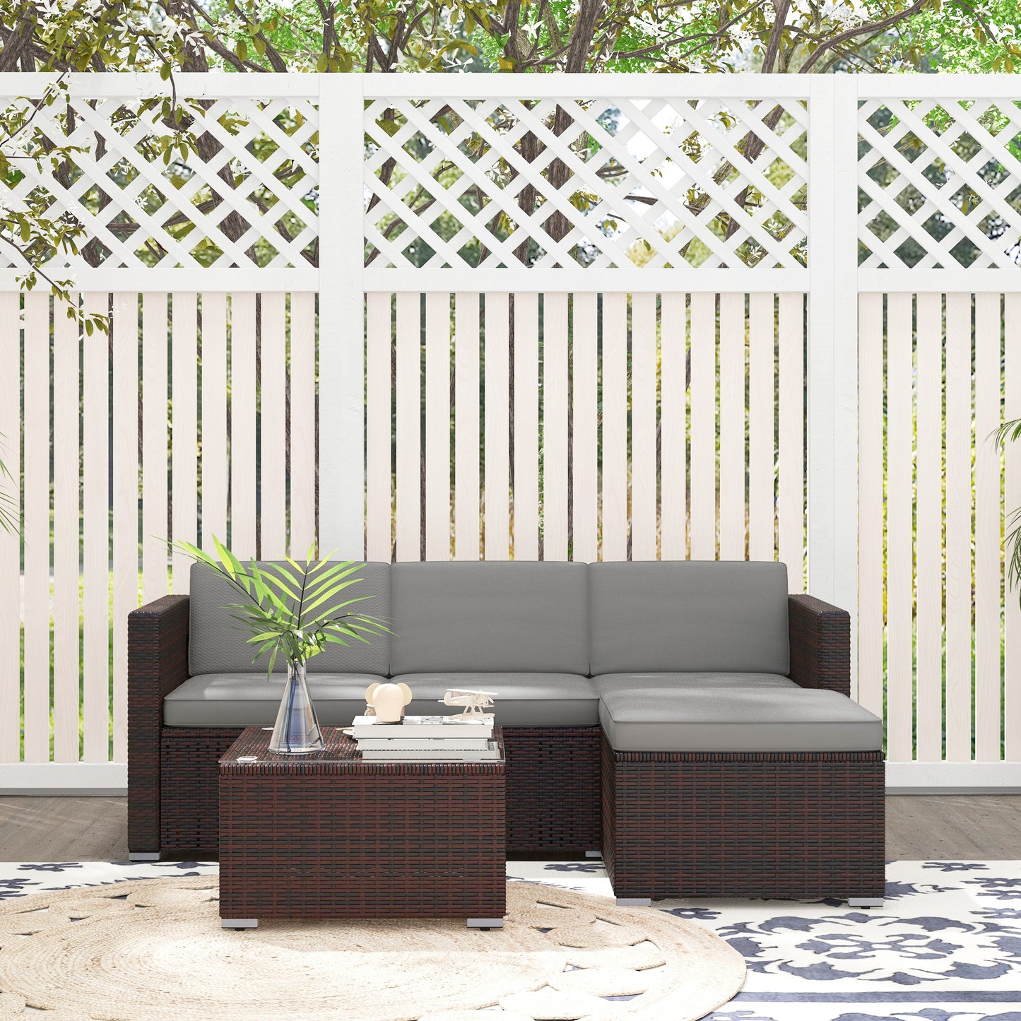 Ensemble de meubles de jardin gris avec canapés d’angle et coussins moelleux, idéal pour terrasse ou patio extérieur