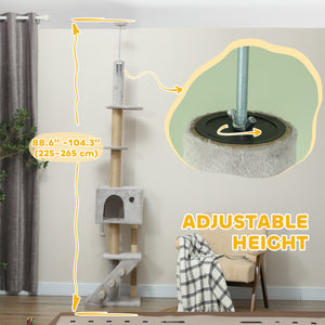226-254 cm Cat Tree with Scratching Post, House, 3 Steps, Hanging Ball and Perches, Light Grey
