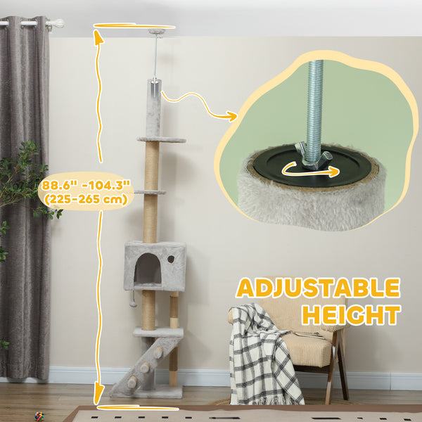 226-254 cm Cat Tree with Scratching Post, House, 3 Steps, Hanging Ball and Perches, Light Grey