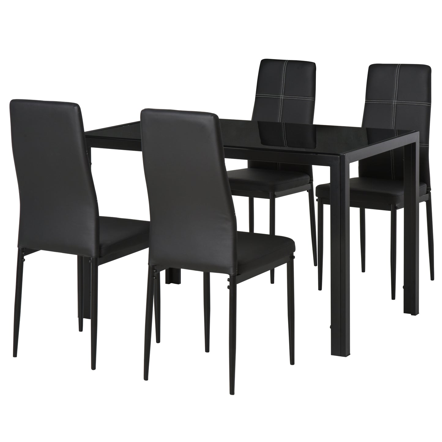 HOMCOM 5 Piece Rectangular Glass Kitchen Table and Chair Set with Metal Frame and Faux Leather Upholstery for Dining Room, Black