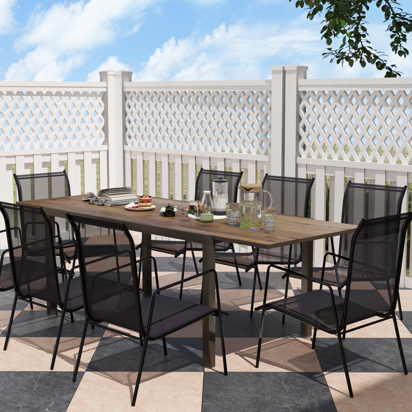 Table à manger extensible pour 6 à 8 personnes, avec bordure en aluminium et cadre en acier, marron