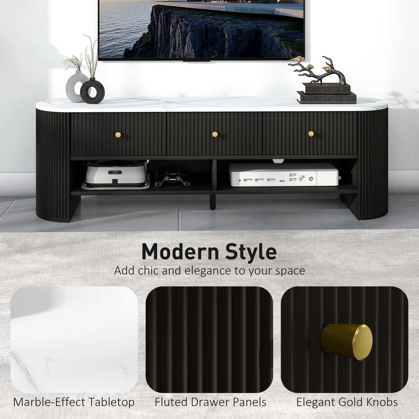 Meuble TV moderne avec plateau effet marbre, 3 tiroirs et 2 étagères ouvertes pour téléviseur de 32 à 65 pouces, noir