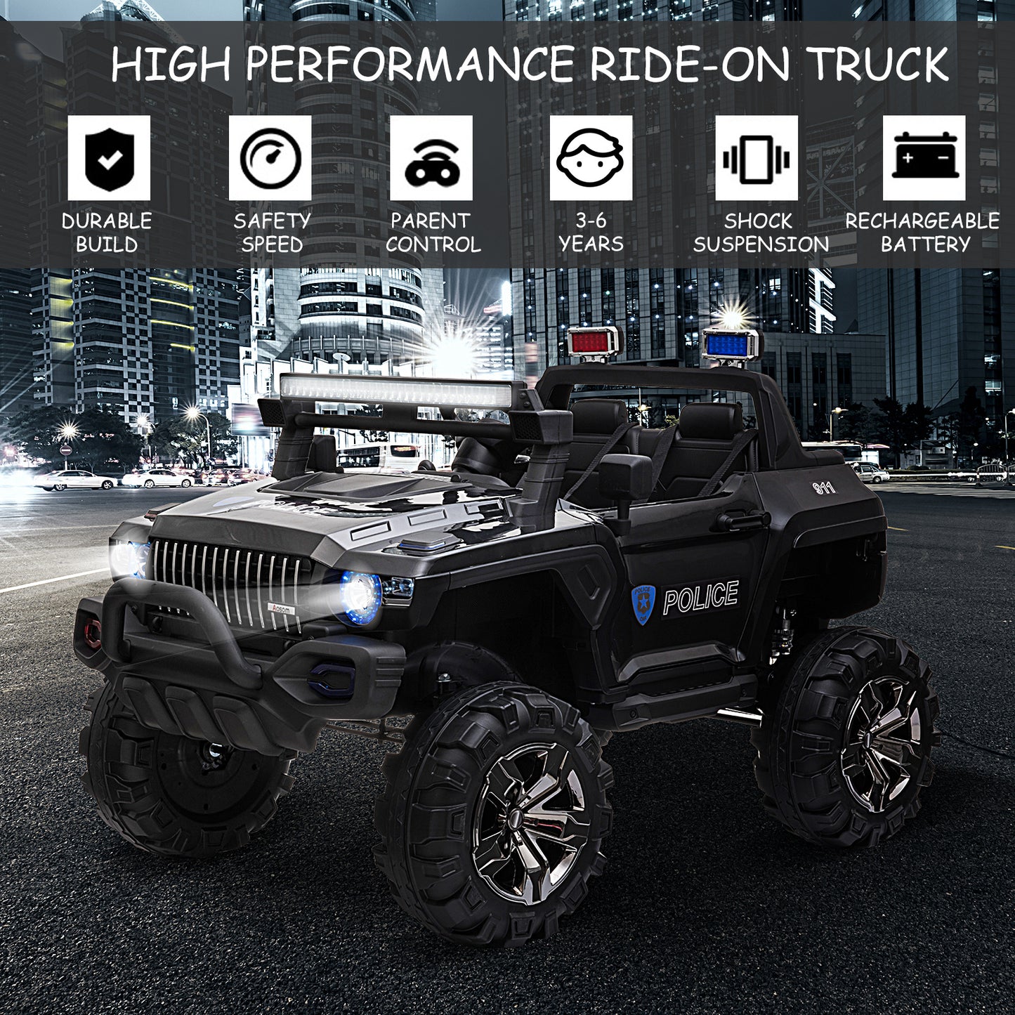 12V 2-Seater Police Car for Kids Ages 3-8 with Parental Remote Control, LED Lights, MP3 Player, Black