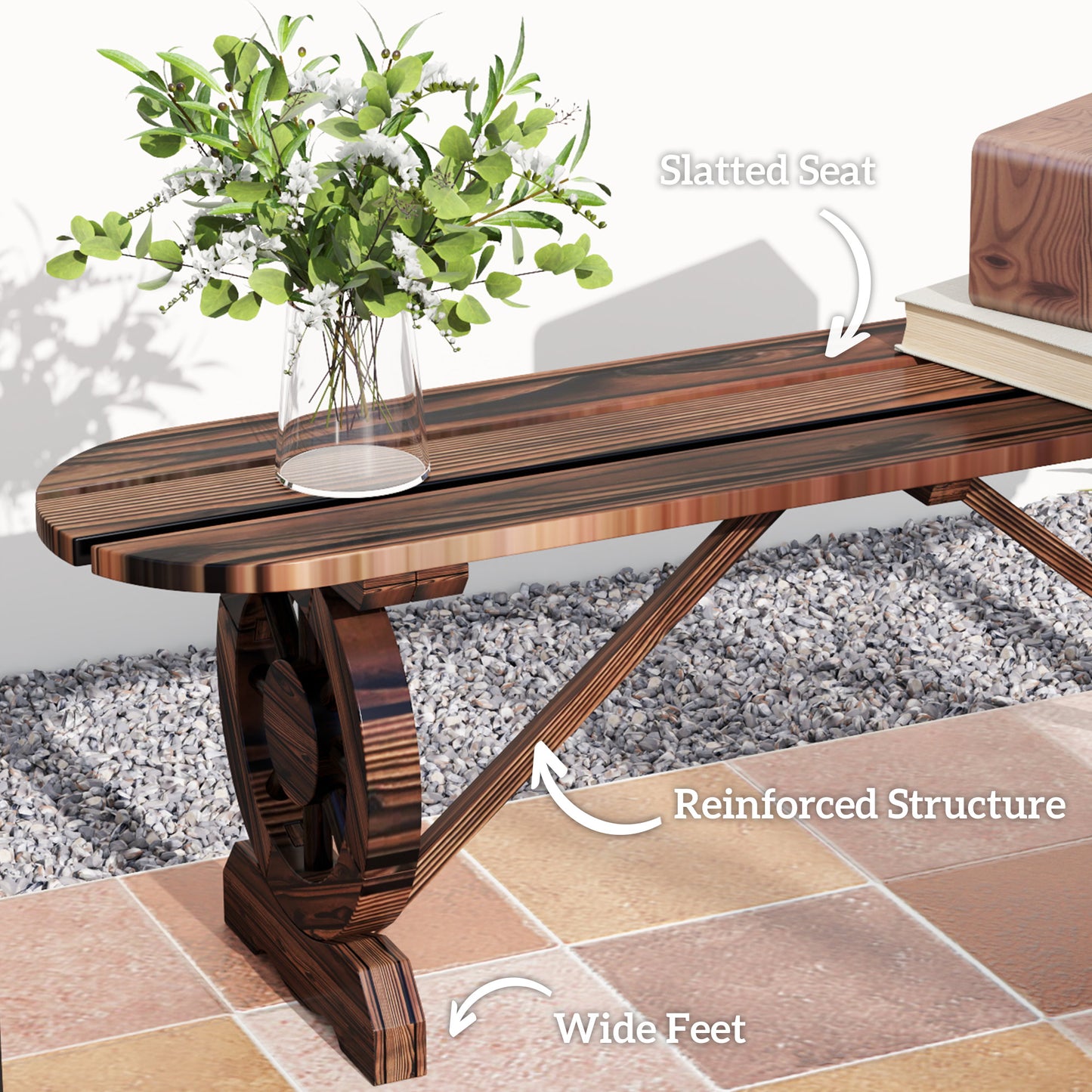 Banc de jardin en bois avec pieds en forme de roue de chariot, carbonisé