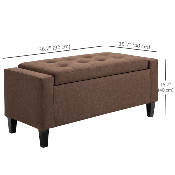 Linen upholstered storage bench with tufted pattern, brown
