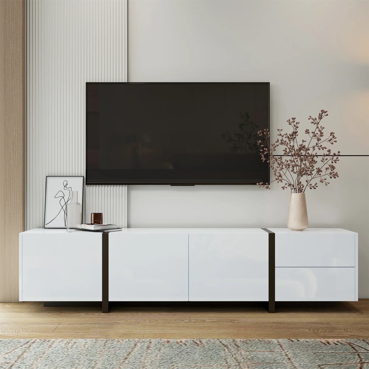 Meuble TV moderne avec finition brillante, grand espace de rangement avec tiroirs et armoires, blanc