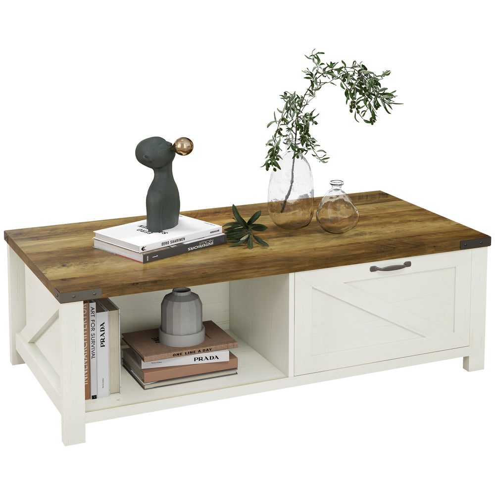Table basse industrielle avec tiroir et étagère de rangement, blanc et effet bois