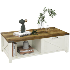 Table basse industrielle avec tiroir et étagère de rangement, blanc et effet bois