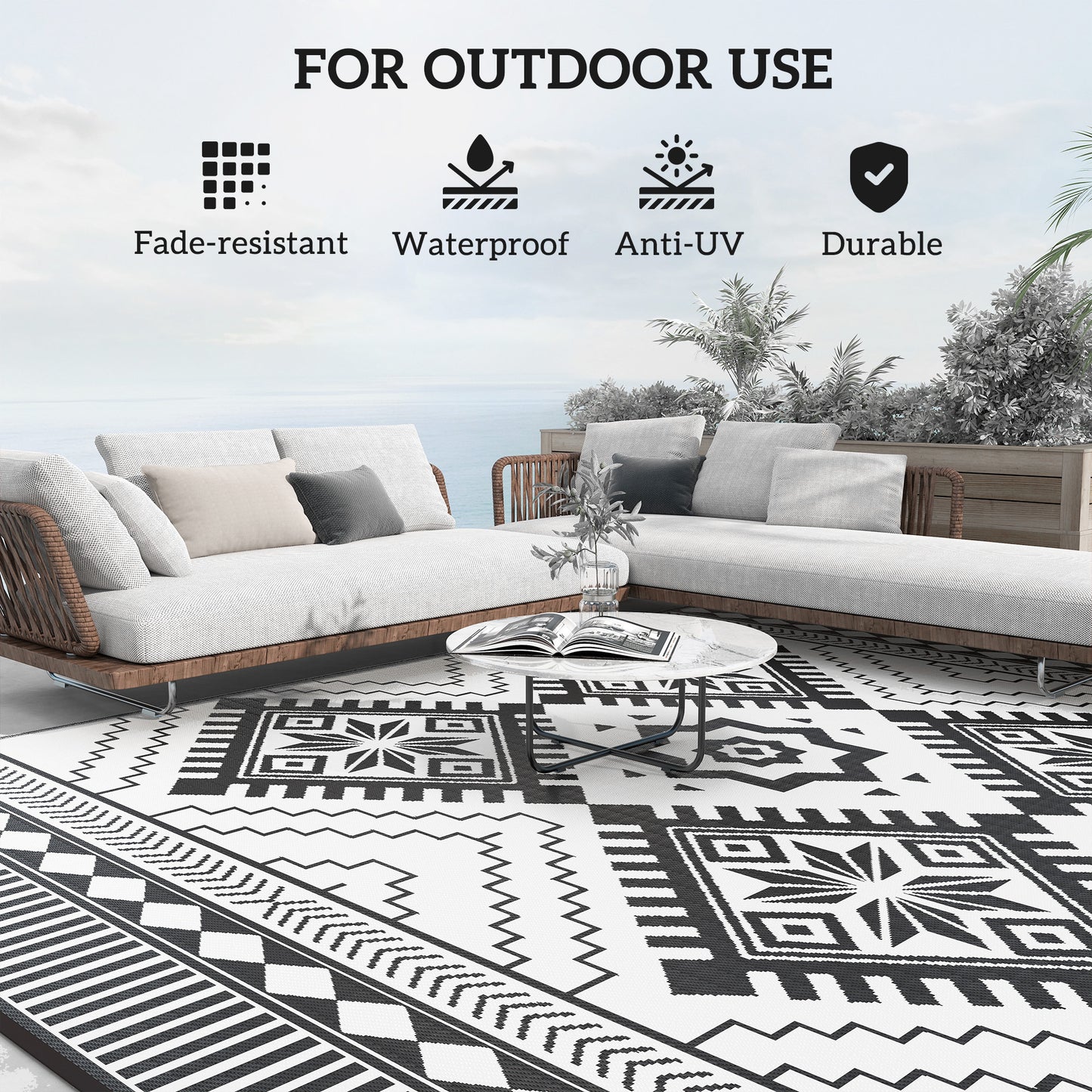 9' x 12' Outdoor RV Mat, Reversible Floor Mat with Carry Bag, Diamond Pattern, White and Black