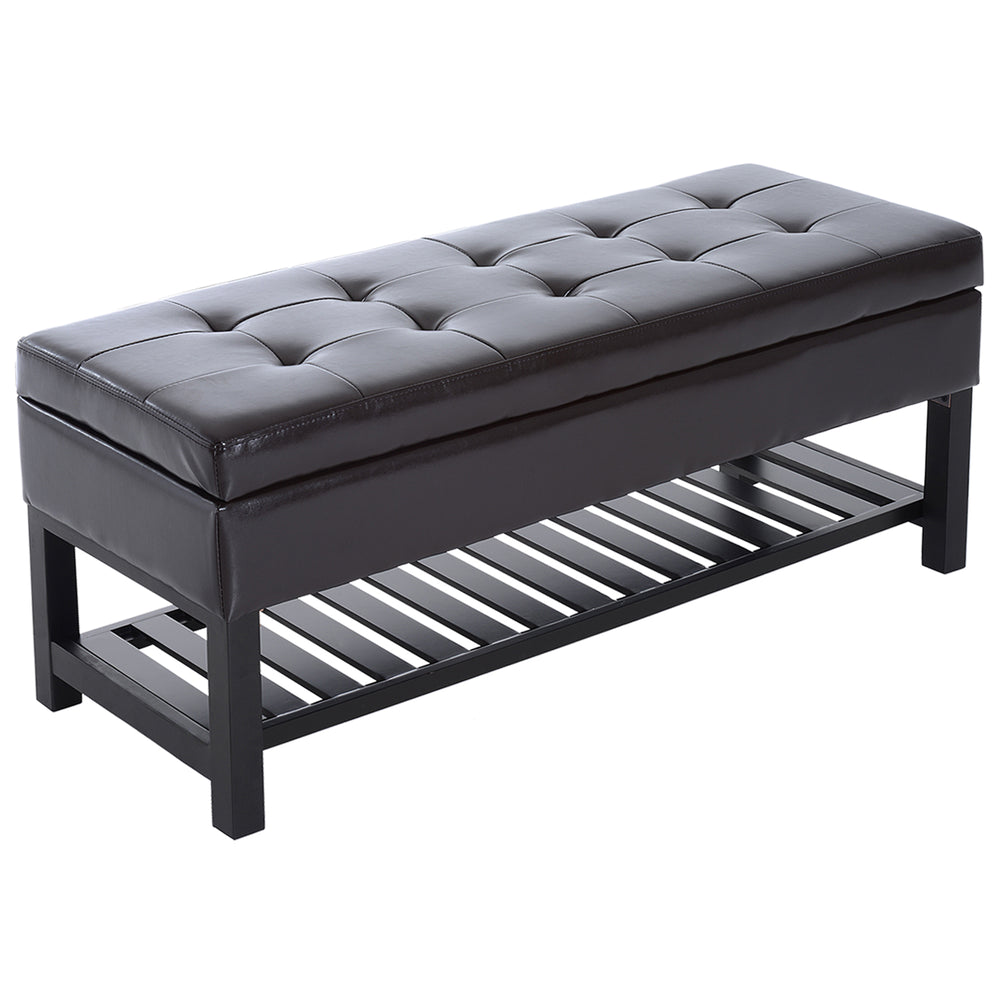 Banc à chaussures capitonné en cuir synthétique avec coffre de rangement, marron