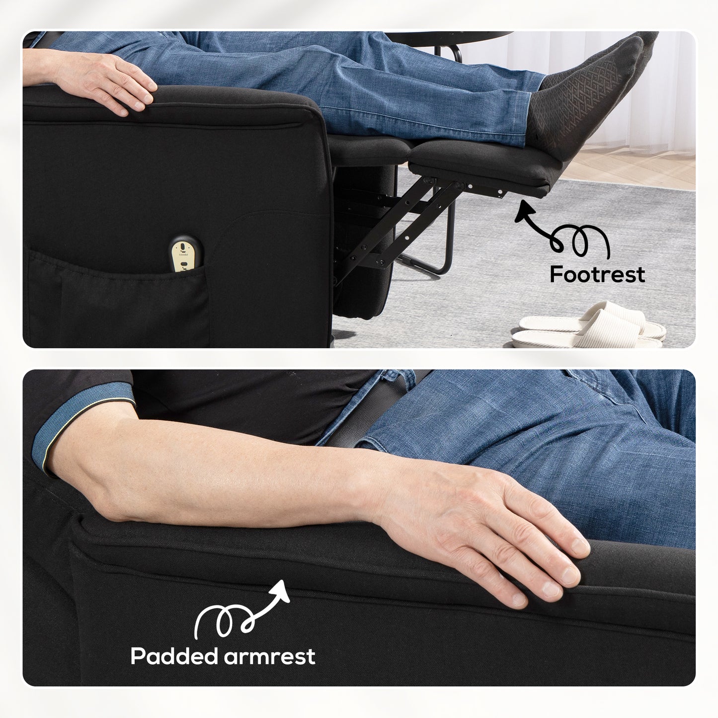 Fauteuil releveur et inclinable électrique avec télécommande, poches latérales, noir