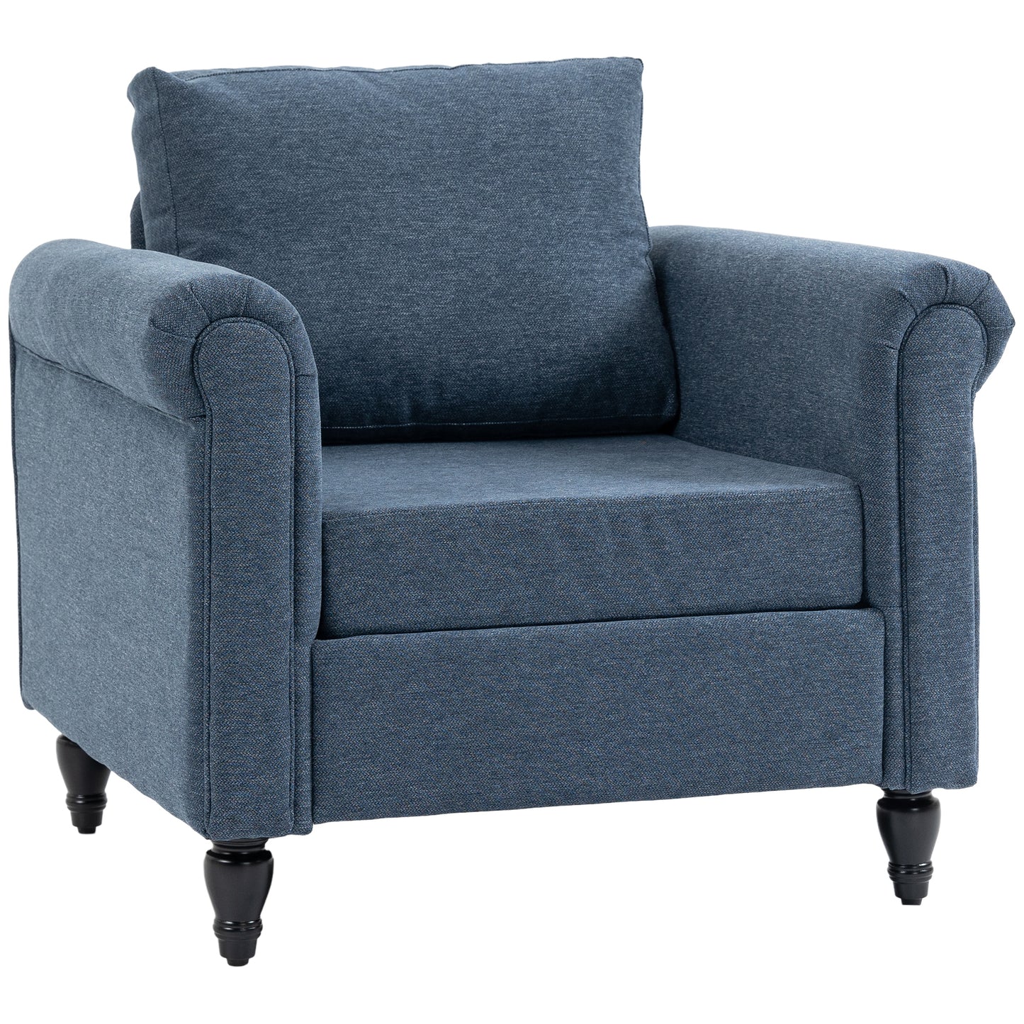 Fauteuil d'appoint rembourré avec accoudoirs roulés, pieds en bois d'hévéa en forme de gourde, bleu foncé