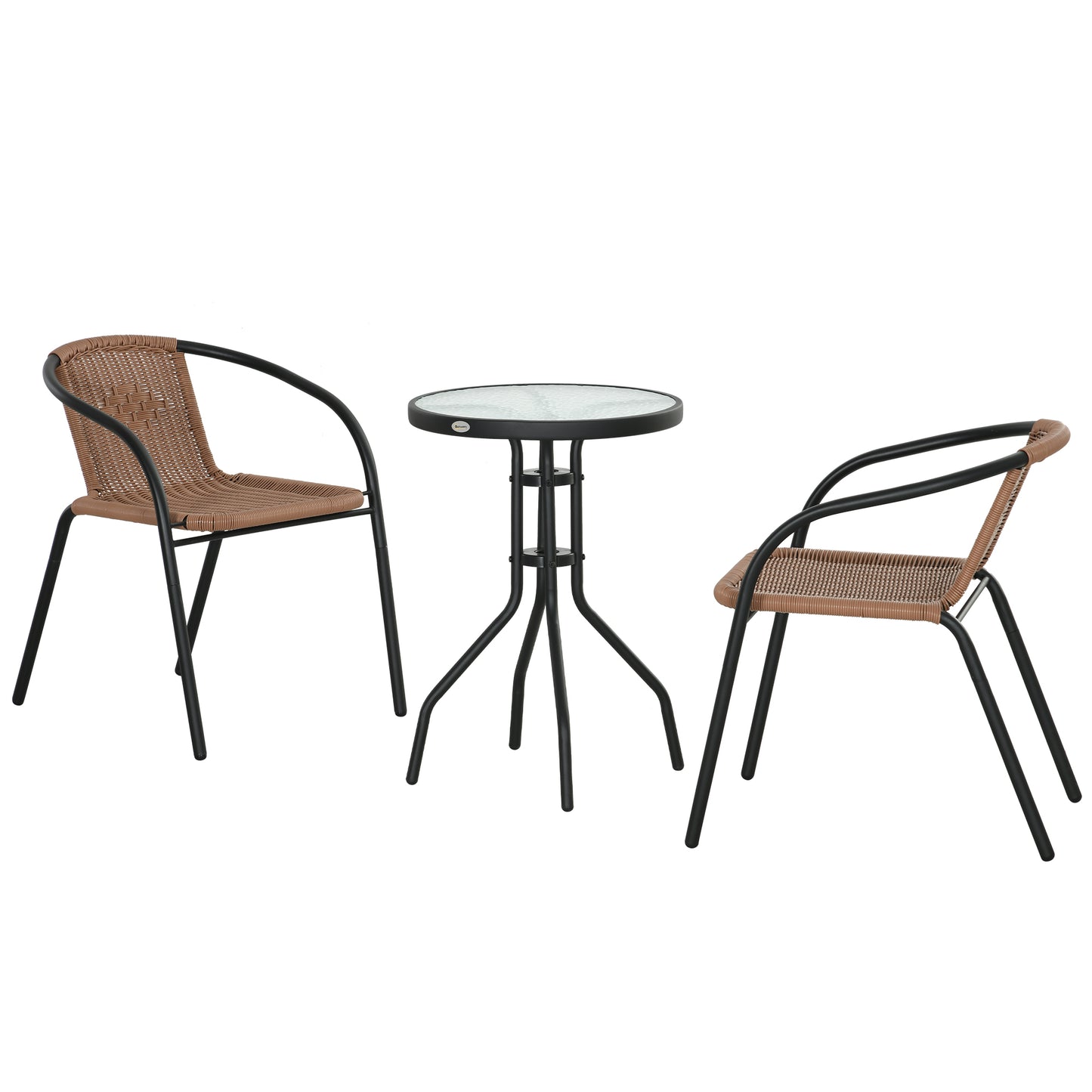 Outsunny 3-Piece Wicker Outdoor Furniture Set with 2 Stacking Chairs and Tempered Glass Coffee Table for Garden Backyard, Brown