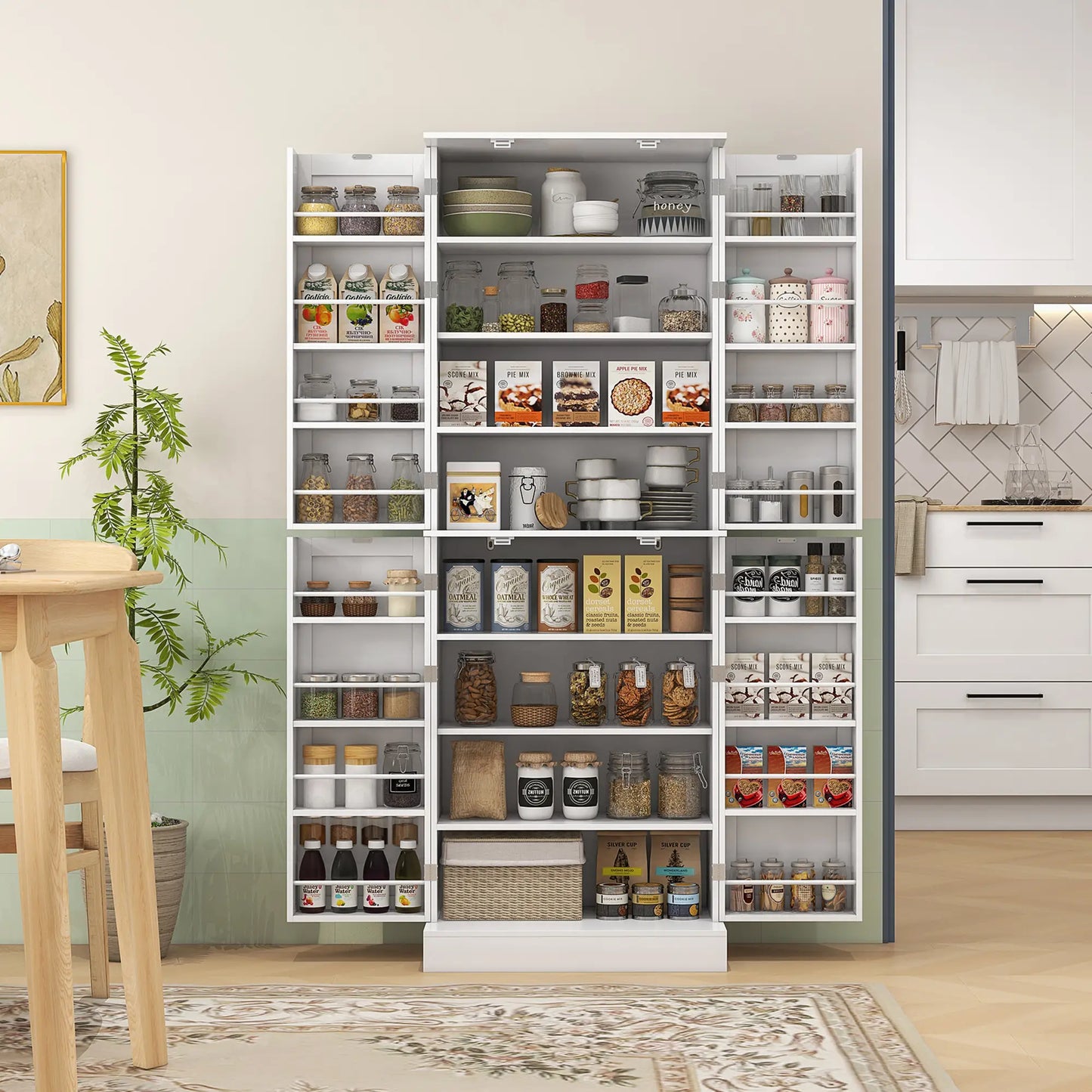 65-inch Kitchen Cabinet, Pantry with 4 Doors and 16 Shelves for Dining Room, White