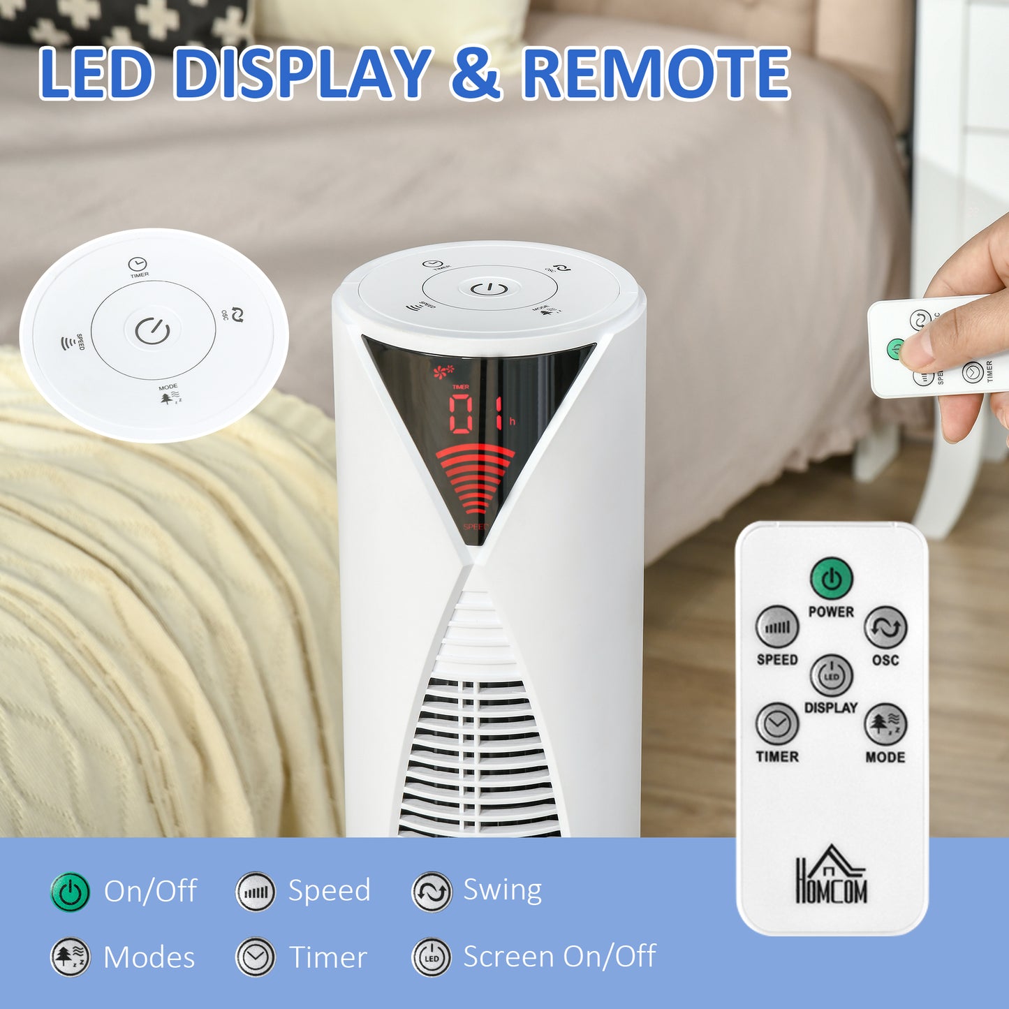 Ventilateur tour autonome avec 3 vitesses, minuterie 12 h, oscillant, panneau de capteur LED, télécommande, blanc