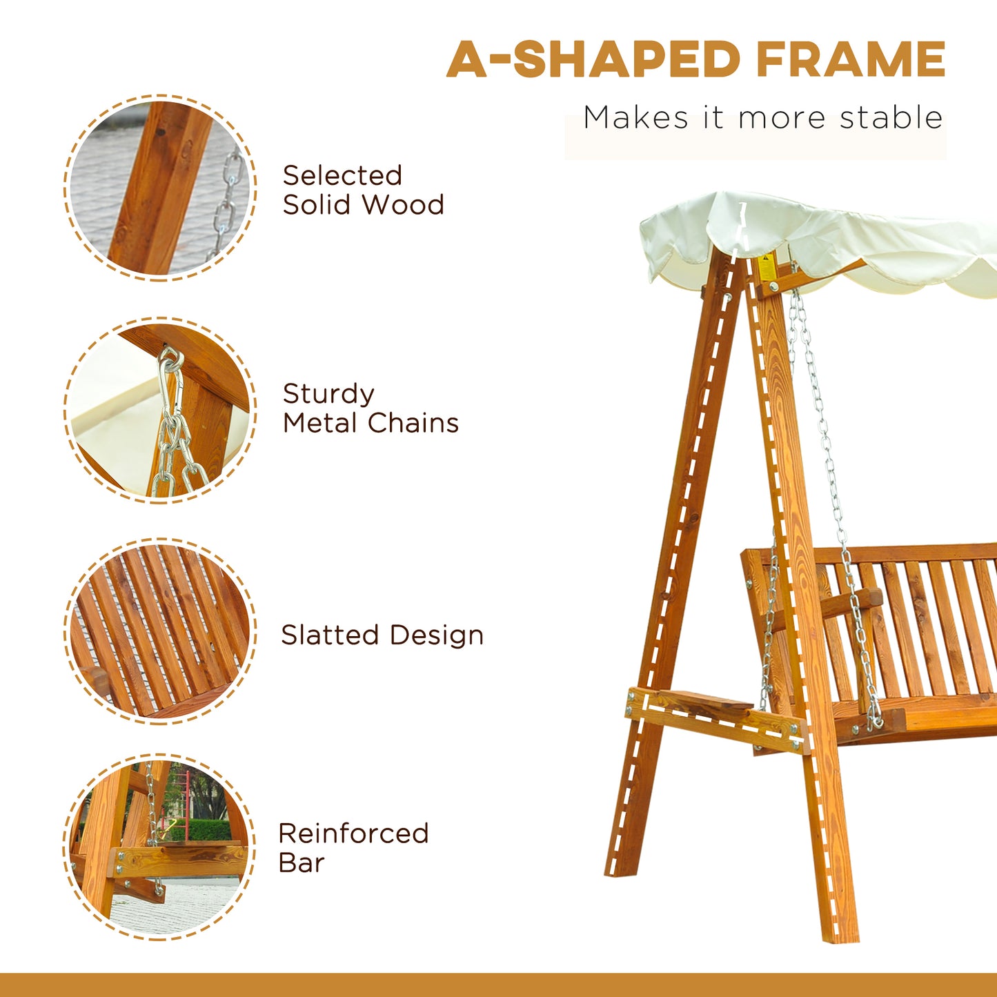 Swing Seat with Canopy, Outdoor Wooden Bench for Garden, Poolside and Backyard