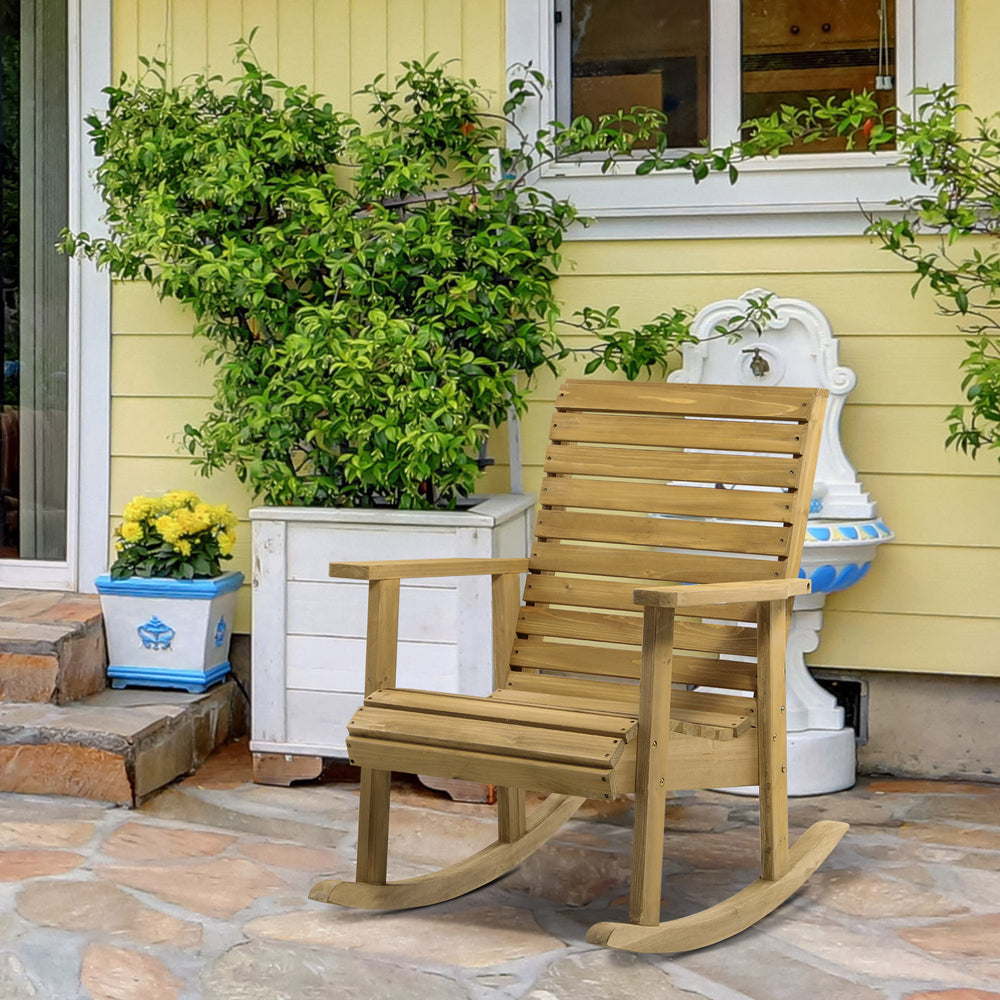 Wooden rocking chair, slatted frame with armrests, for outdoor and indoor use, light brown