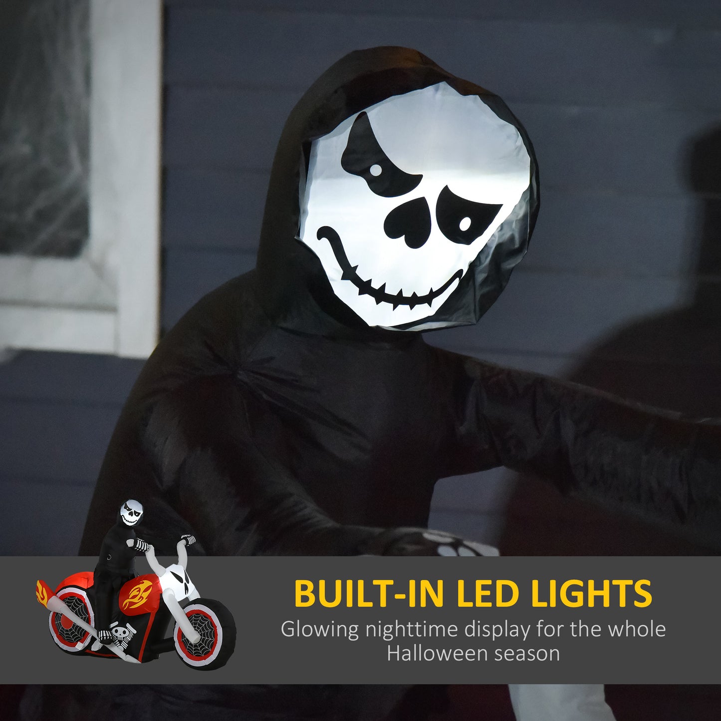 Halloween gonflable Grim Reaper Flaming Moto Extérieur LED Éclairé