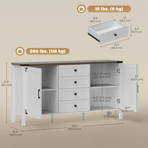 Buffet style campagnard, avec plateau épais, 2 portes de grange, 4 tiroirs et 2 étagères réglables, blanc