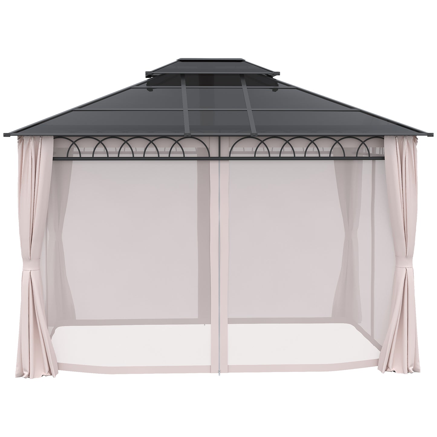 Gazebo 10' x 12' avec toit rigide double PC, structure en acier, filets et rideaux, kaki