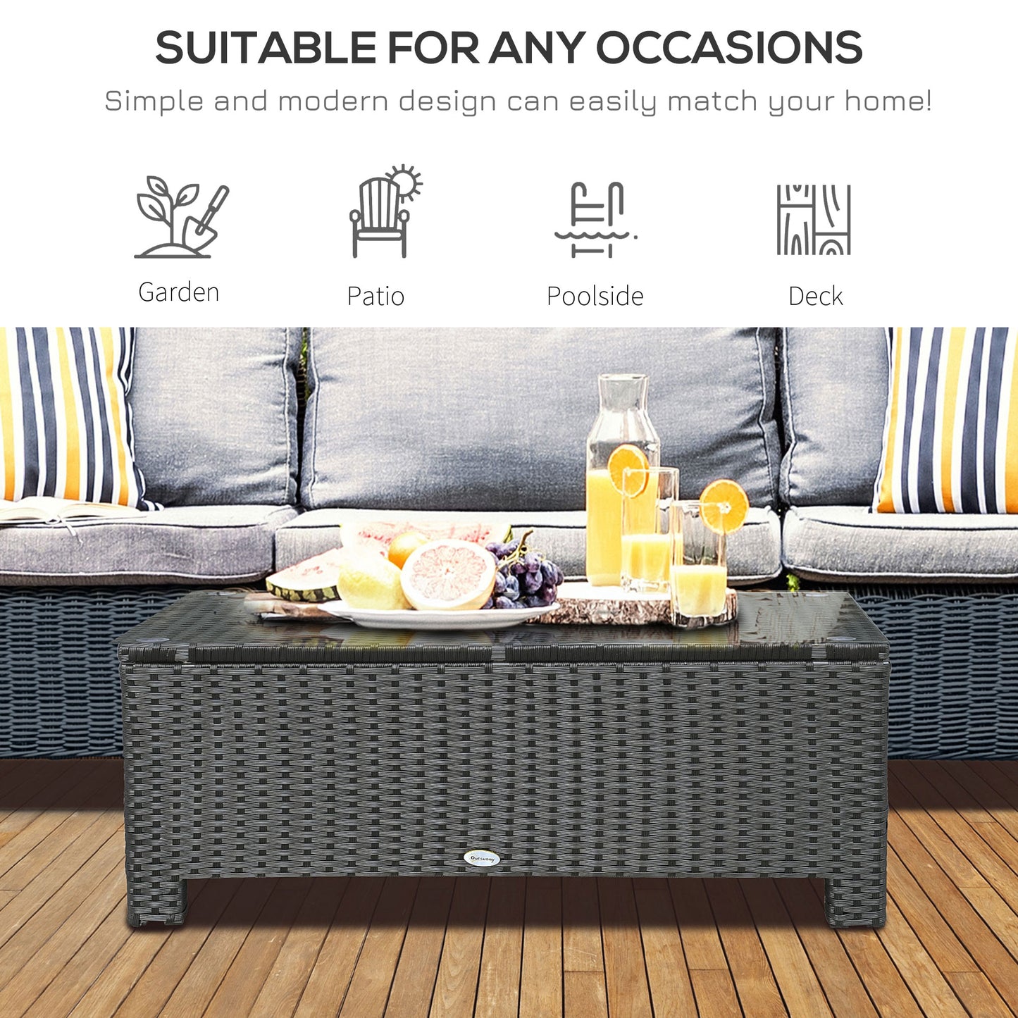 Outsunny Rattan Coffee Table, Patio Side Table, Handwoven Wicker Furniture with Tempered Glass Top, Black