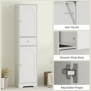 Meuble de rangement fin avec 2 portes, tiroir et étagère réglable, aspect bois blanc