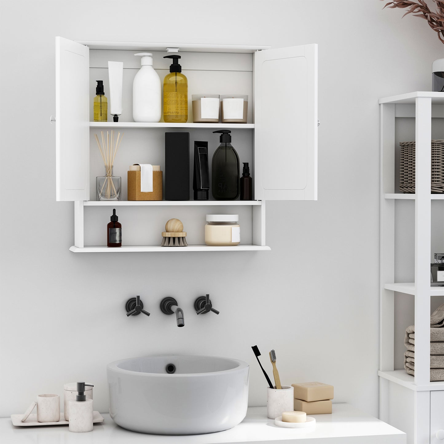 Armoire à pharmacie avec portes doubles, étagère ouverte et étagère réglablr, blanche