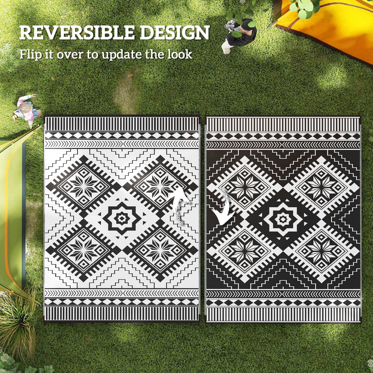 9' x 12' Outdoor RV Mat, Reversible Floor Mat with Carry Bag, Diamond Pattern, White and Black