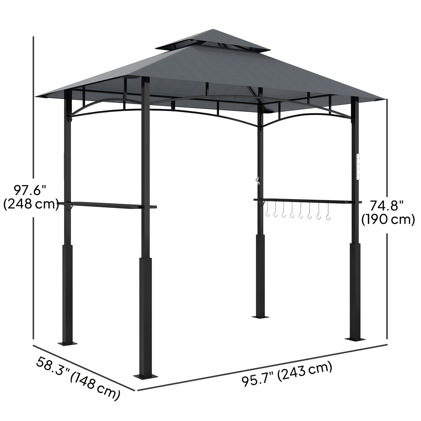 Outsunny 8' x 5' Grill Gazebo, Double Tiered BBQ Gazebo with LED Light, 2 Side Shelves, Hooks and Bottle Opener, Dark Gray |