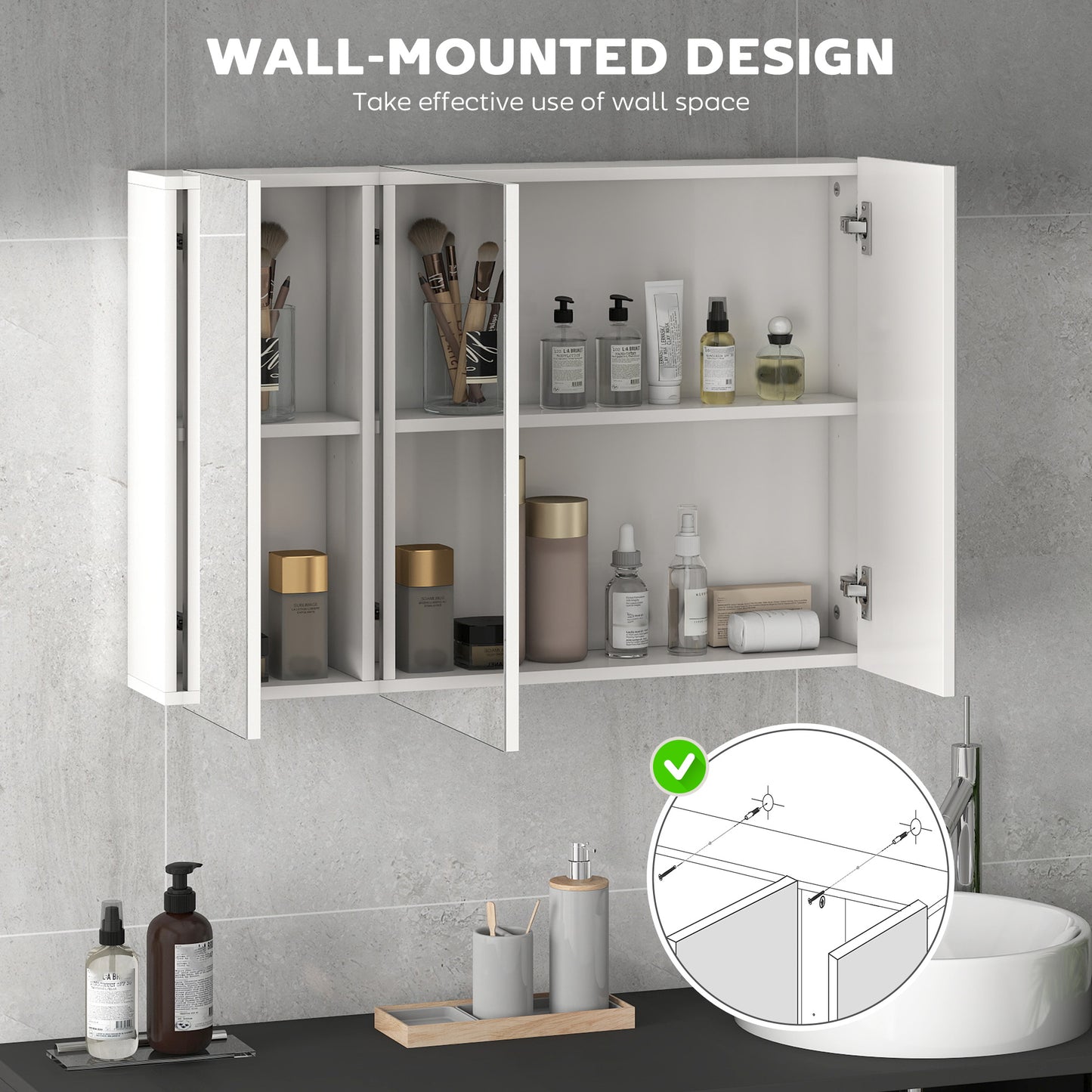 Armoire à pharmacie avec miroir, 3 portes et étagères réglables, blanche